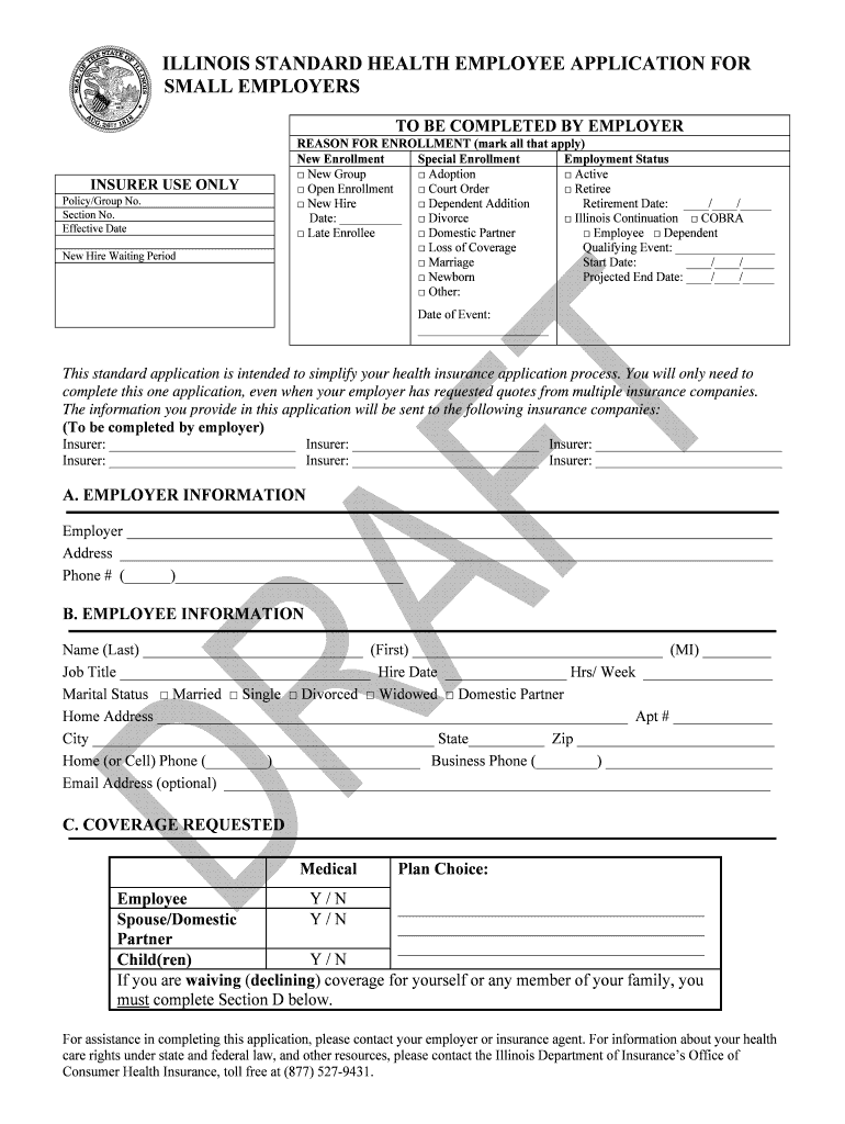 ILLINOIS STANDARD HEALTH APPLICATION SMALL EMPLOYER Insurance Illinois  Form