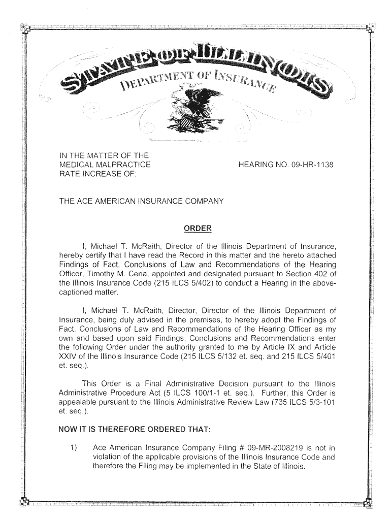 ORDER I, Michael T McRaith, Director of the Illinois Department of Insurance Illinois  Form