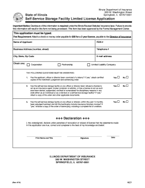 Self Service Storage Facility Limited License Application Insurance Illinois  Form