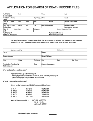 APPLICATION for SEARCH of DEATH RECORD FILES Mattoon Illinois  Form