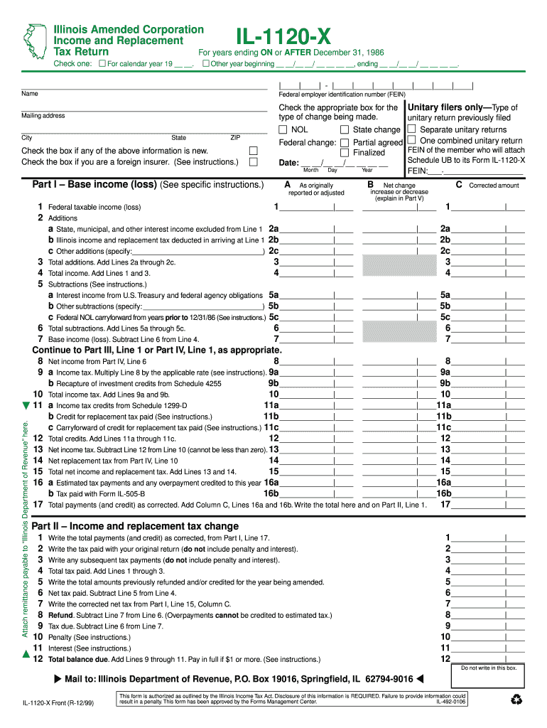 IL 1120 X Business Income Tax Corporate Tax Illinois  Form