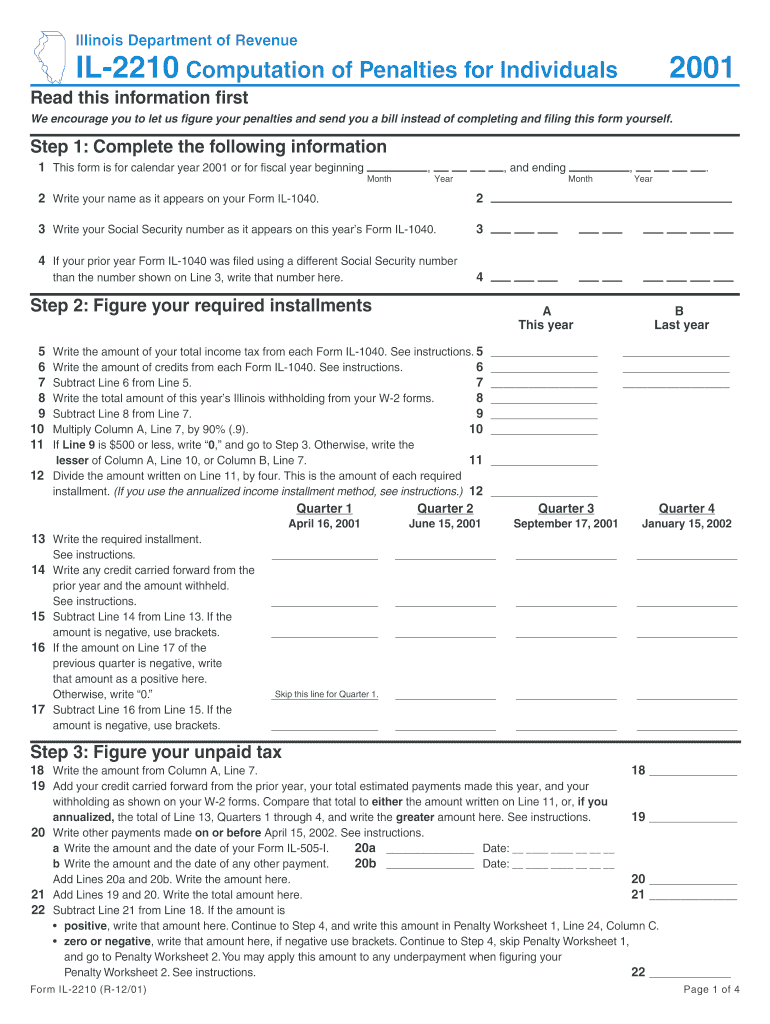 IL 2210 Income Tax Individual  Form