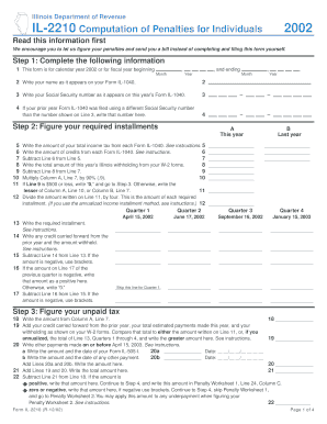 IL 2210 Computation of Penalties for Individuals Income Tax Individual  Form