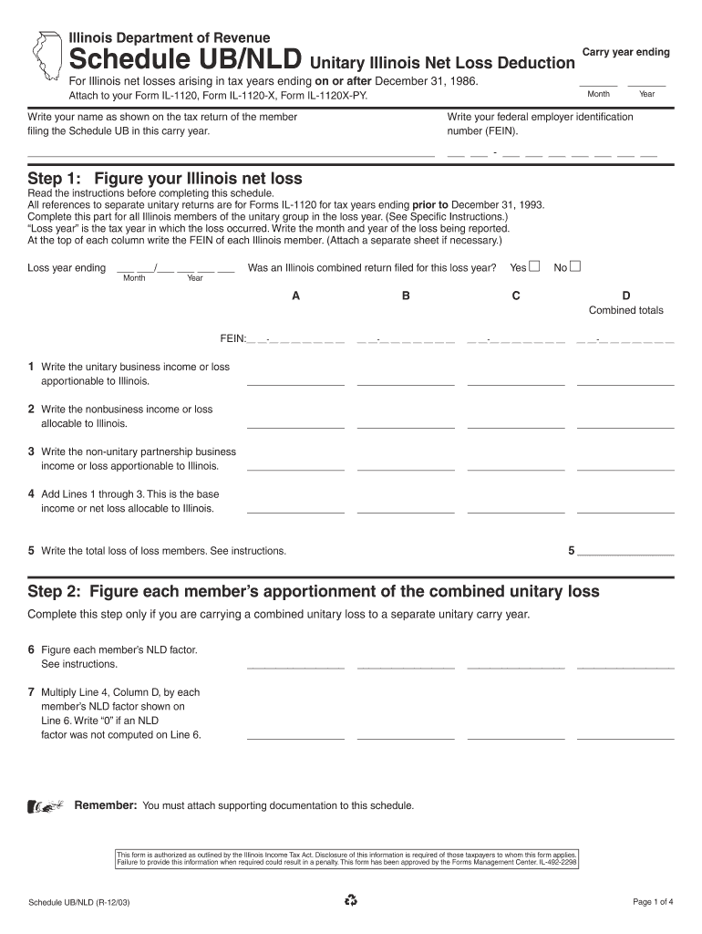 Illinois Department of Revenue Schedule UBNLD Unitary Illinois Net Loss Deduction Carry Year Ending for Illinois Net Losses Aris  Form