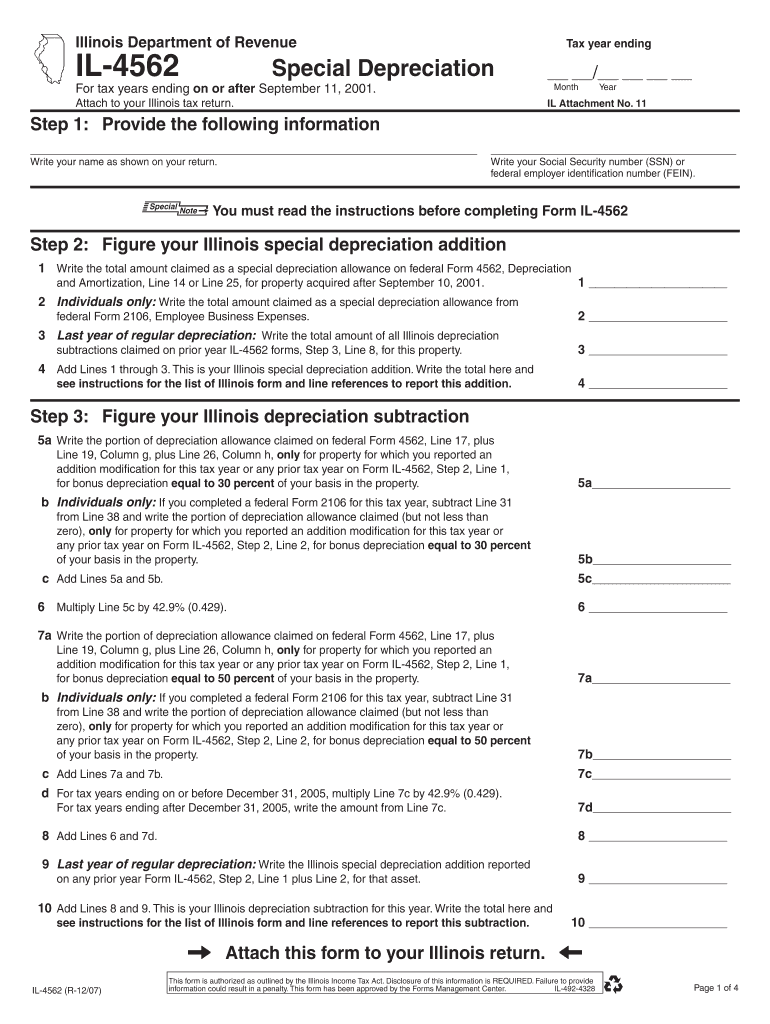 Illinois Department of Revenue Year Ending Tax Special Depreciation IL 4562 for Tax Years Ending on or After September 11,  Form