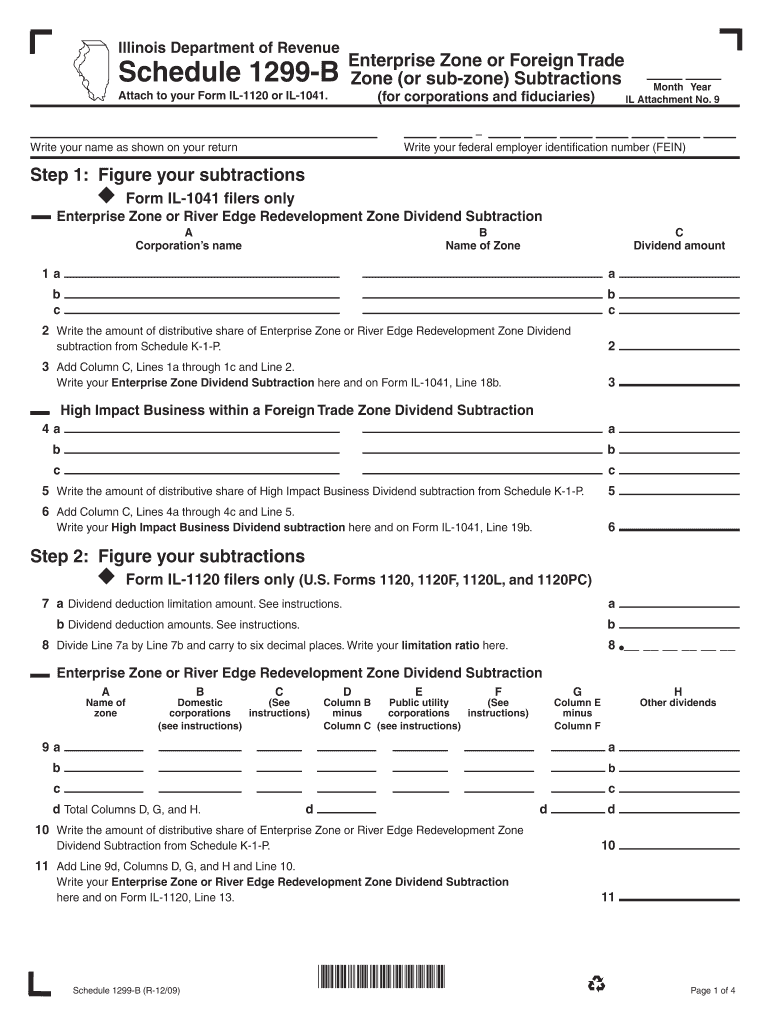 Illinois Department of Revenue Schedule 1299 B Enterprise Zone or Foreign Trade Zone or Sub Zone Subtractions for Corporations a  Form