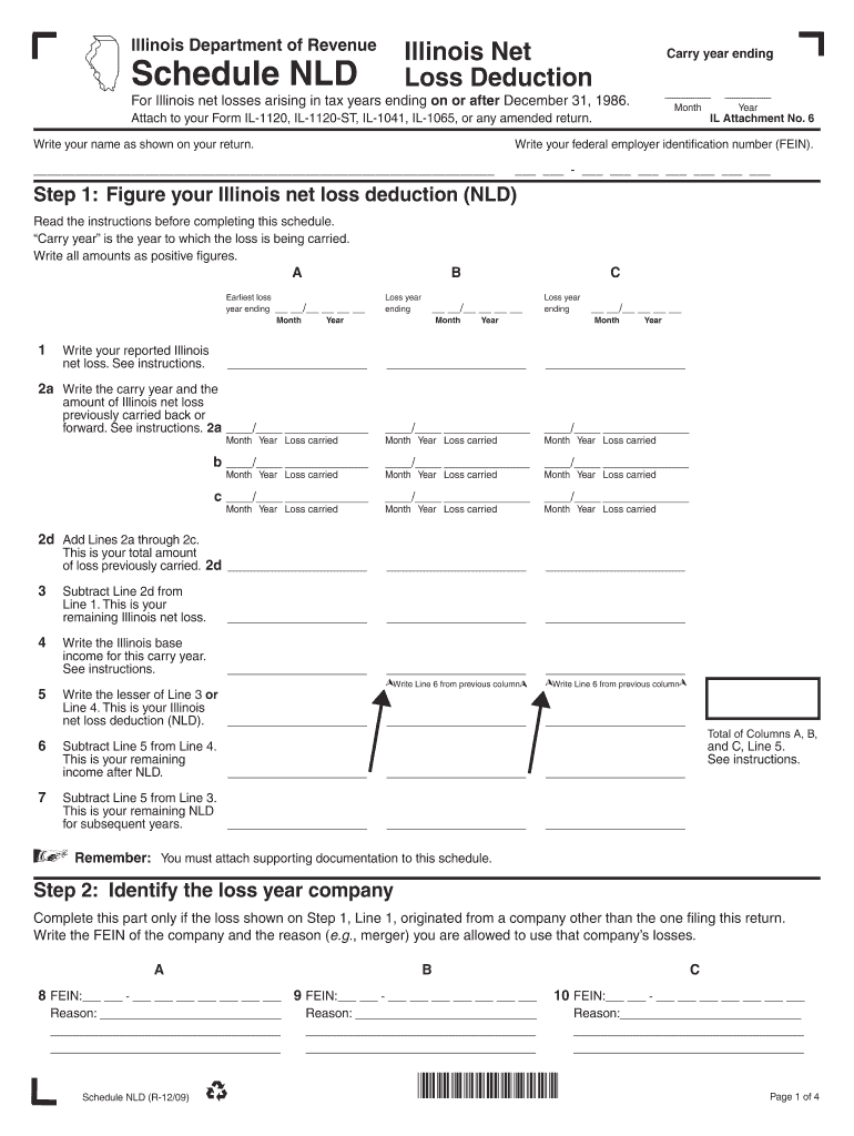 Illinois Department of Revenue Illinois Net Loss Deduction Schedule NLD Carry Year Ending for Illinois Net Losses Arising in Tax  Form