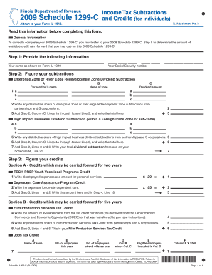 Illinois Department of Revenue Schedule 1299 C Income Tax Subtractions and Credits for Individuals IL Attachment No  Form