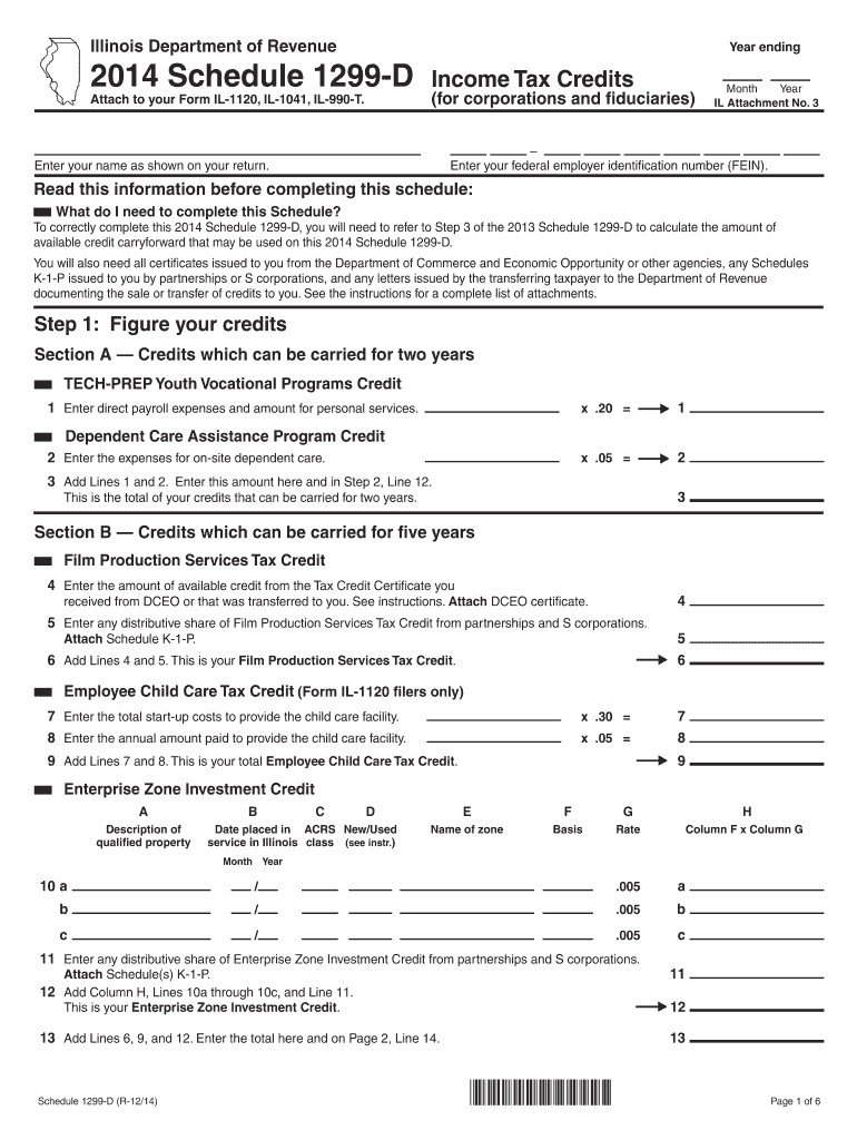 , Schedule 1299 D Income Tax Credits Illinois Department of Tax Illinois  Form