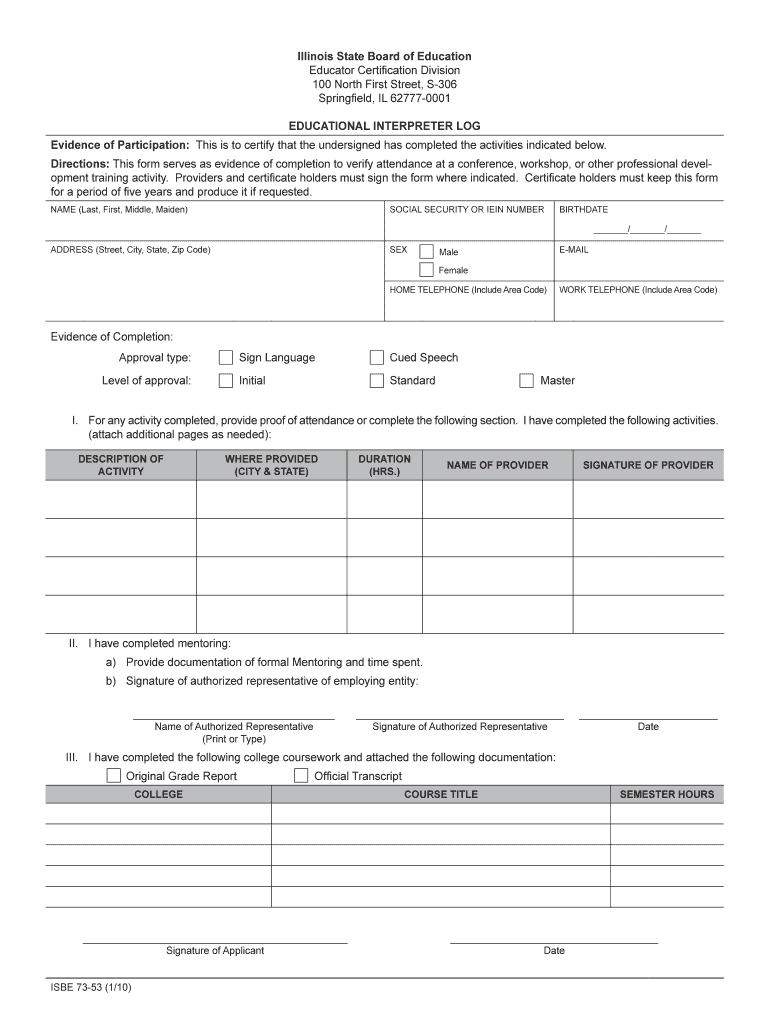 Educational Interpreter Log Www2 Illinois  Form