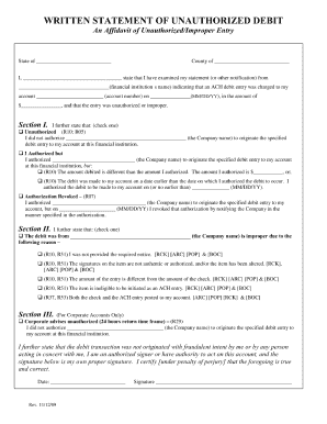 Written Statement of Unauthorized Debit Form