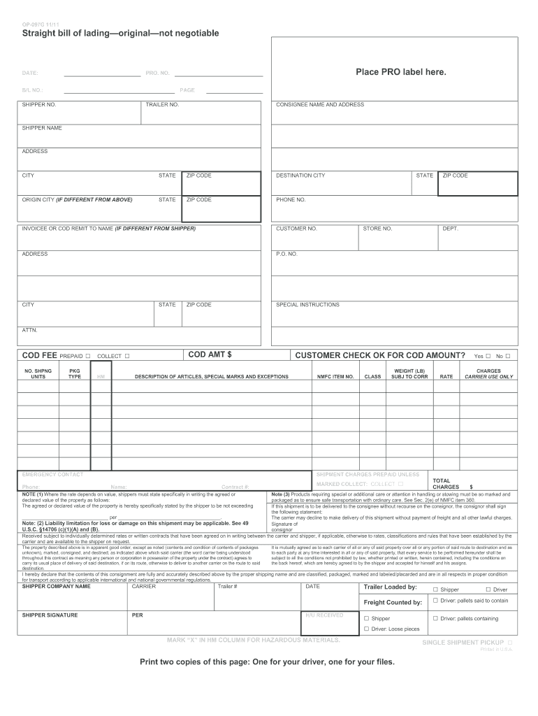  Yrc Bill of Lading Printable 2011-2024