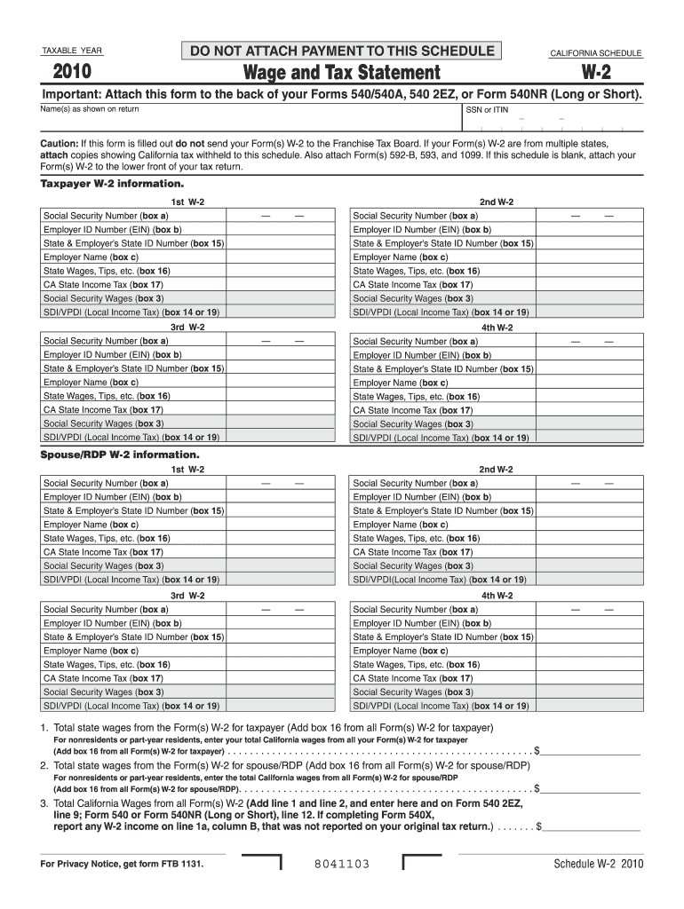  California Schedule W 2 2010-2024