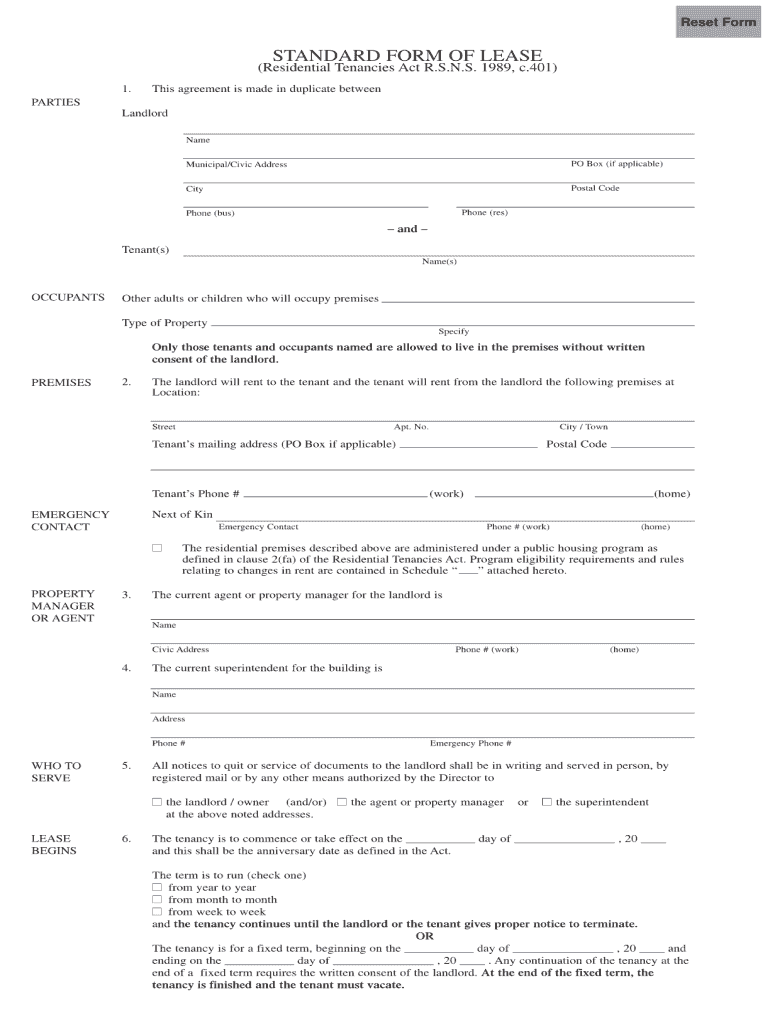 Nova Scotia Lease Agreement PDF  Form