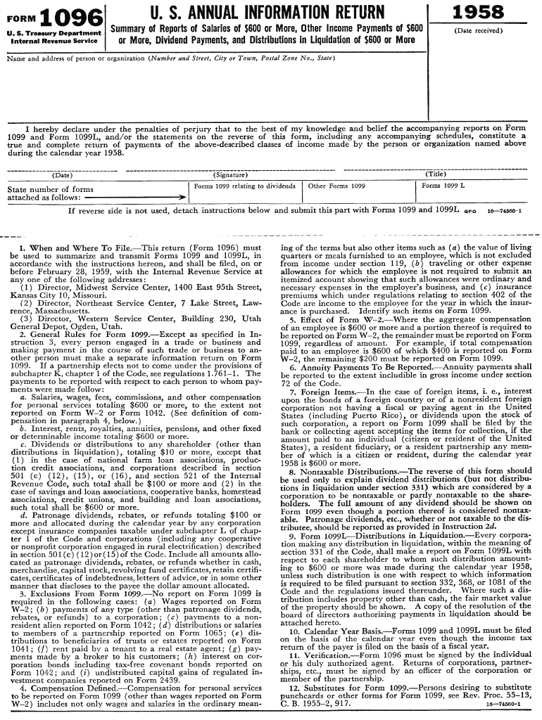  FORM 1096 1958 Irs 1958