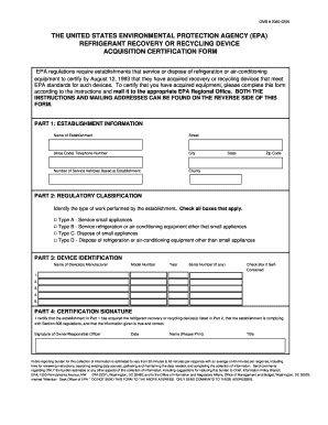 Environmental Protection Agency Refrigerant Recovery or Recycling Device Acquisition Certifcation Form