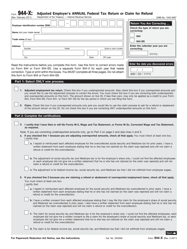 Get and Sign Form 944 X Rev February Adjusted Employer's Annual Federal Tax Return or Claim for Refund 2011