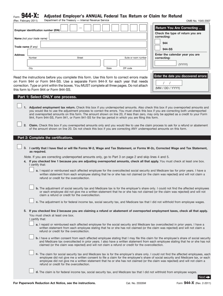  Form 944 X Rev February Adjusted Employer's Annual Federal Tax Return or Claim for Refund 2011