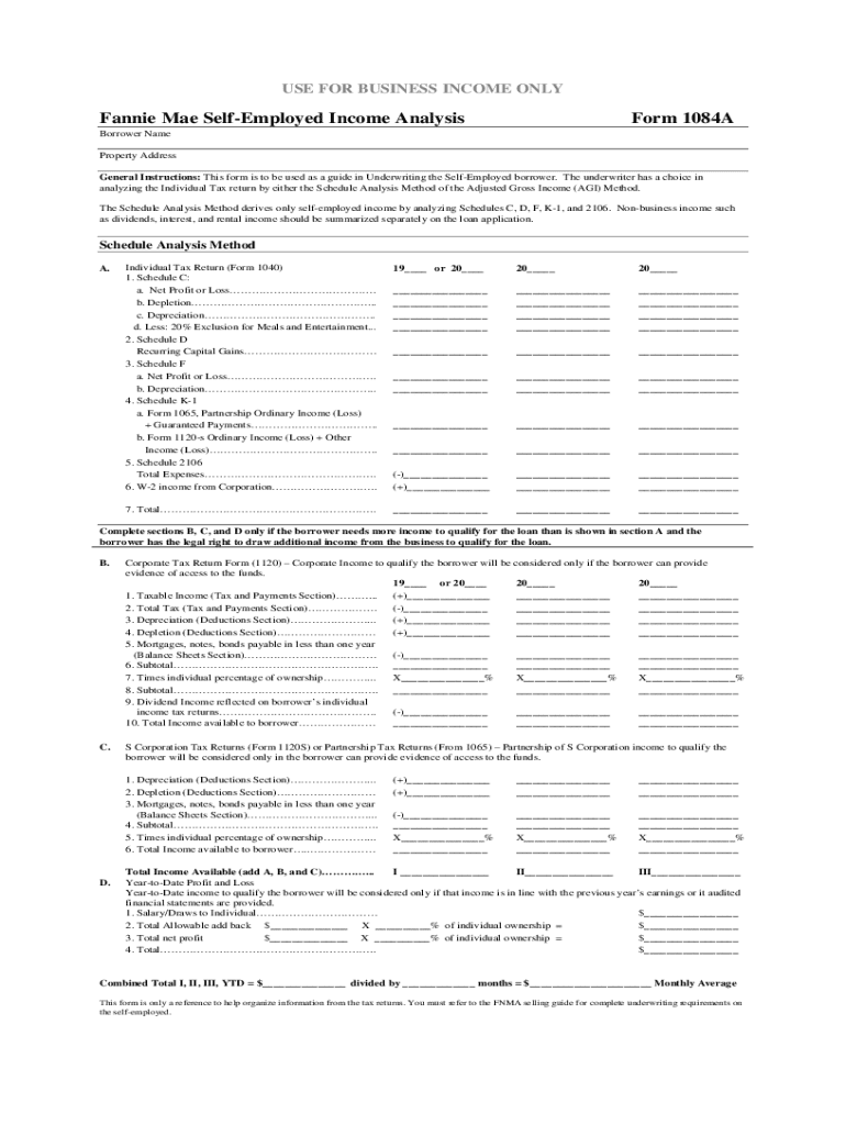 Self Employed Income Worksheet  Form