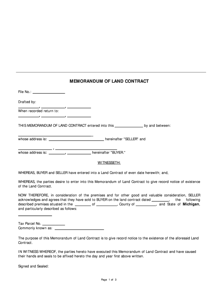 Memorandum Land Contract  Form