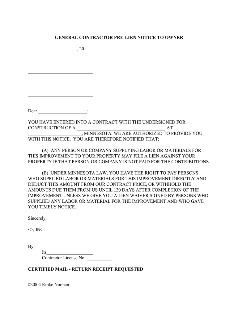 Minnesota Mechanics Pre Lien Notice Form