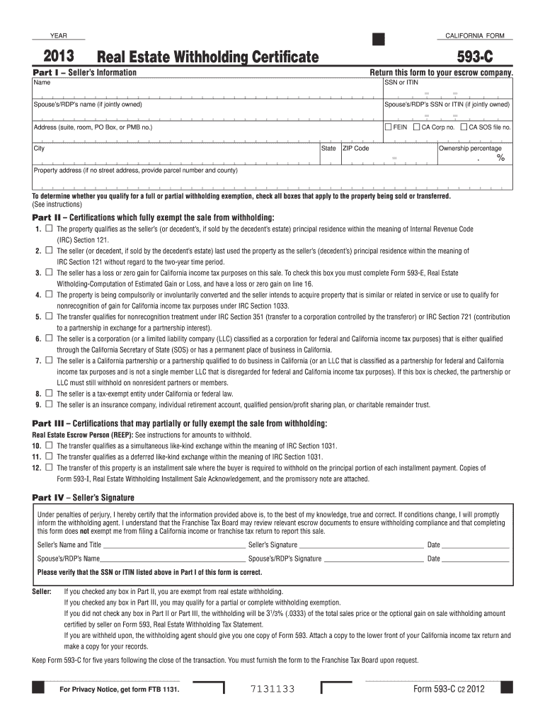  Form 593 C Real Estate Withholding Certificate Ftb Ca Gov 2019