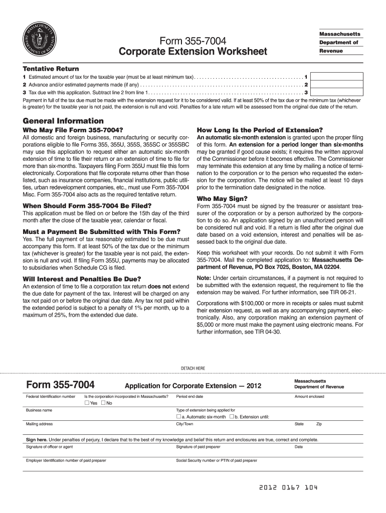  Form 355 7004 Corporate Extension Worksheet  Mass Gov 2012