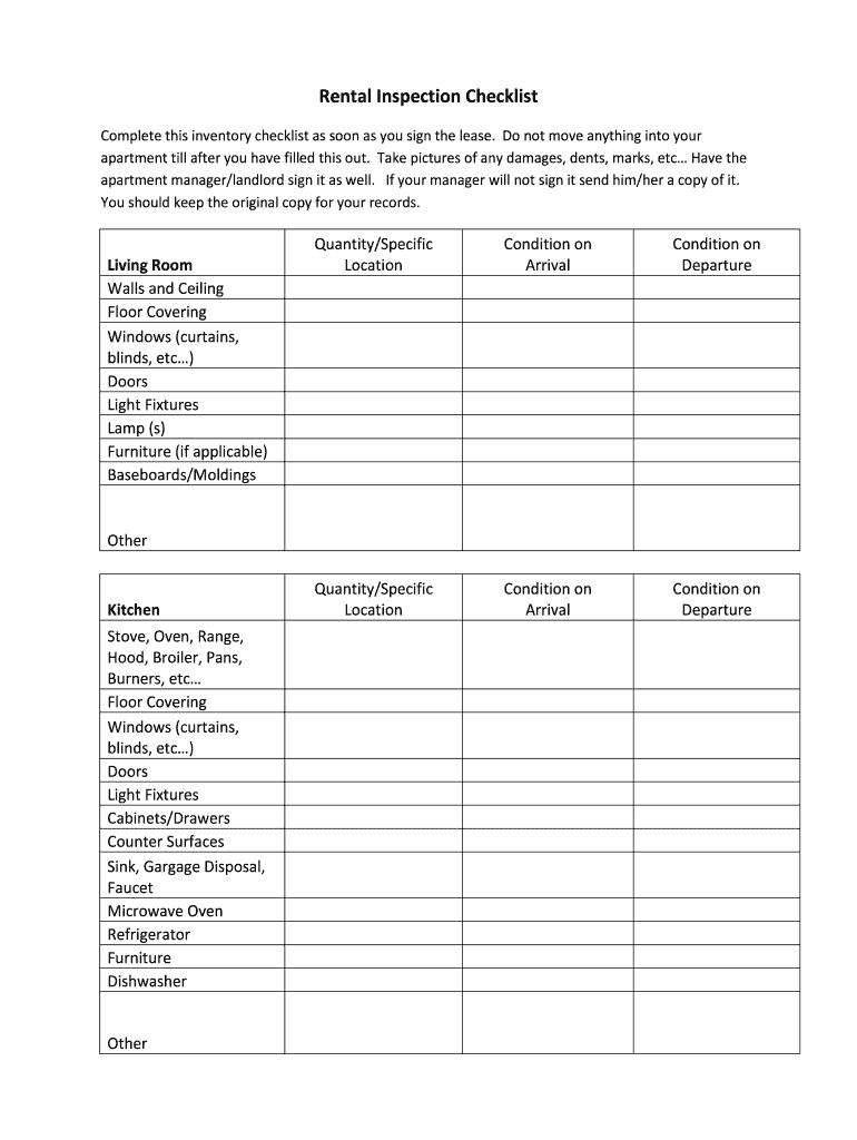 Home Inspection Checklist for Renters  Form