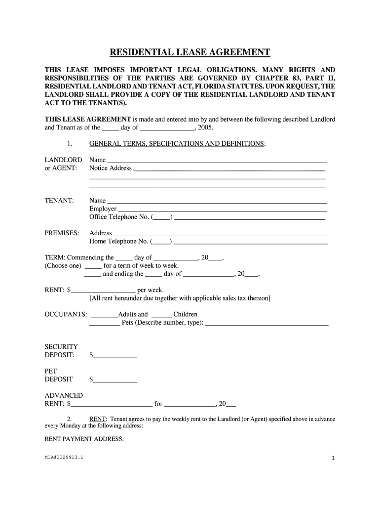 Printable Florida Residential Lease Agreement Fillable 2005 2024 Form