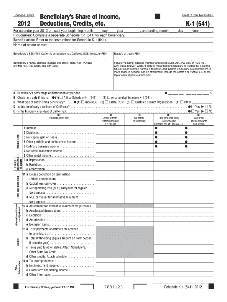  Sched K1 541 Beneficiary Instructions Form 2019