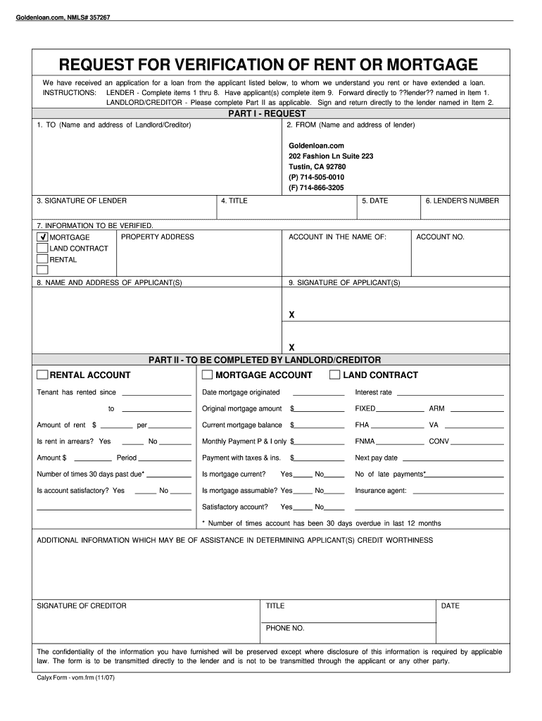 Fannie Mae Verification of Rent or Mortgage  Form