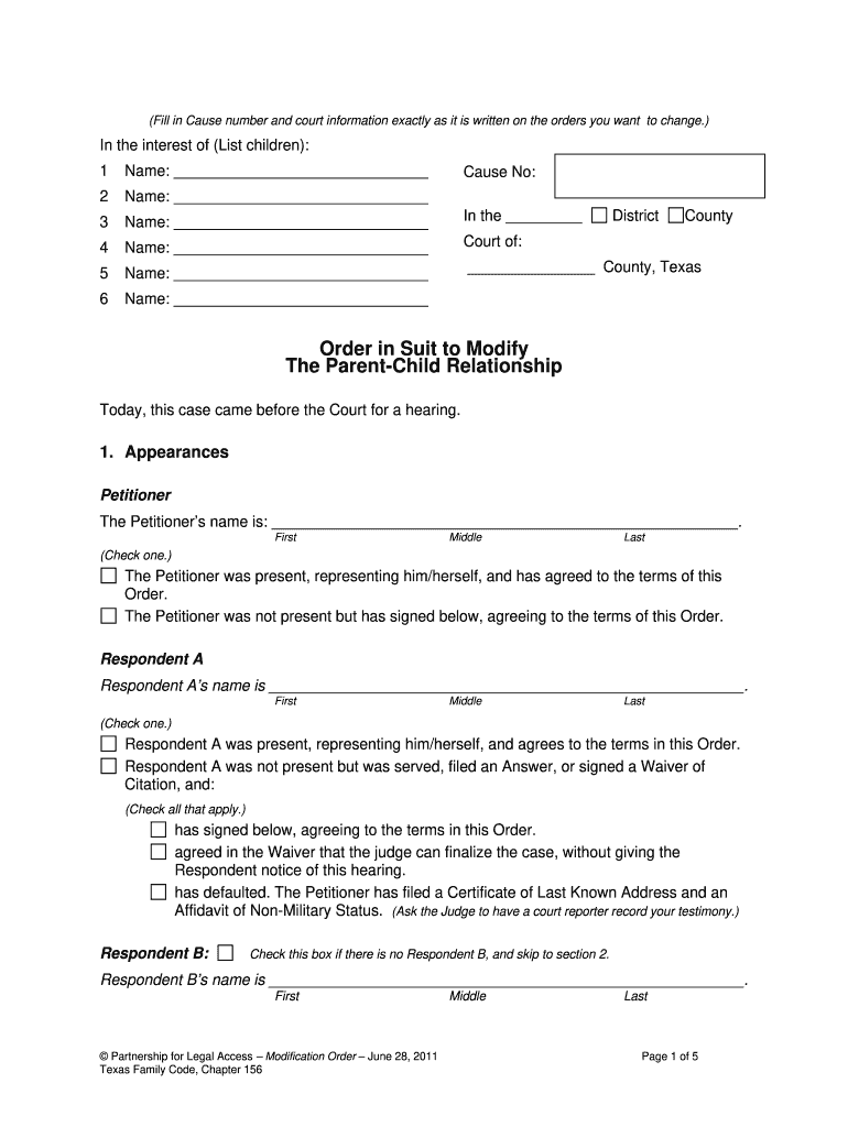 Petition to Modify the Parent Child Relationship Fillable Form