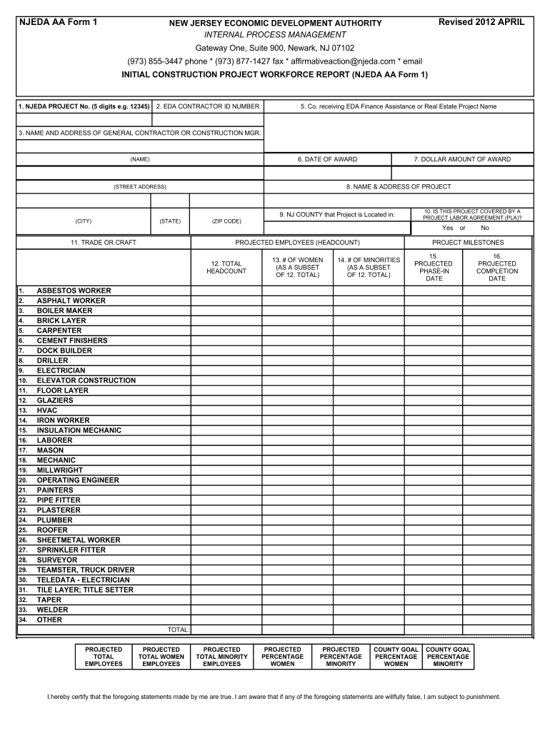 NJEDA AA Form 1 Initial Construction Project Workforce