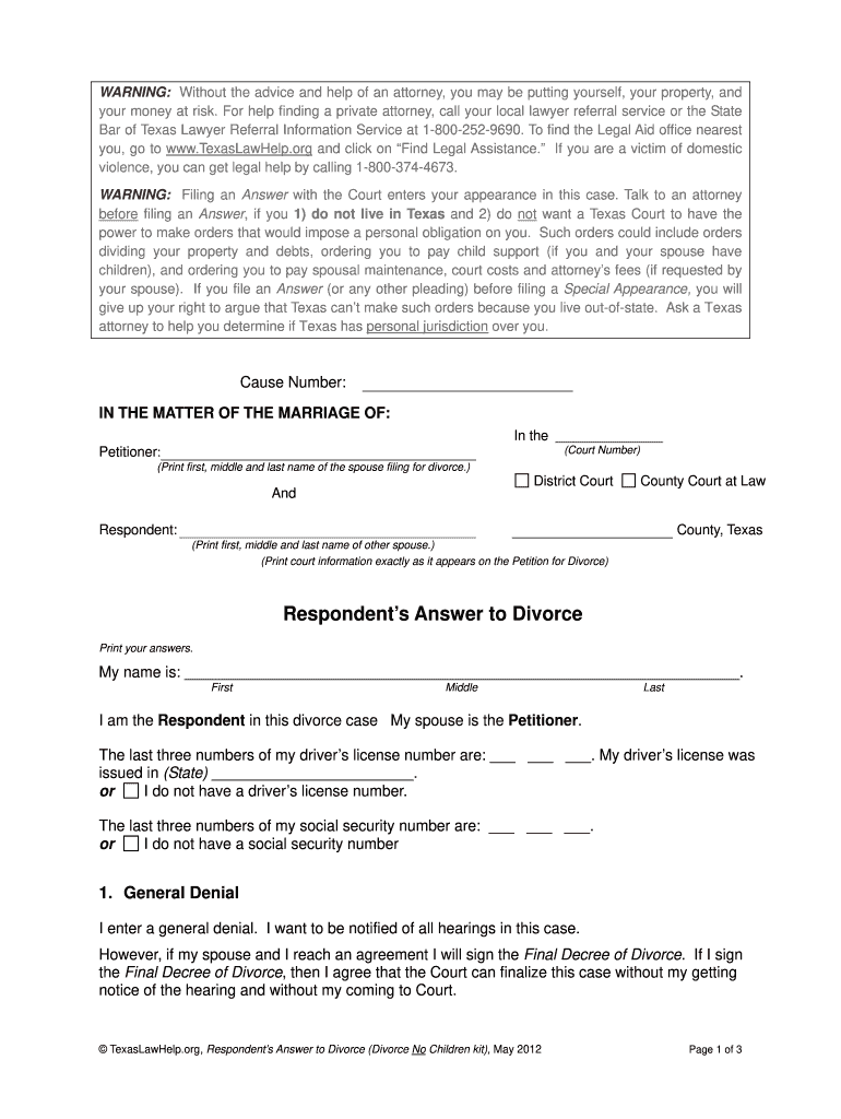 Response to Divorce Petition Texas  Form