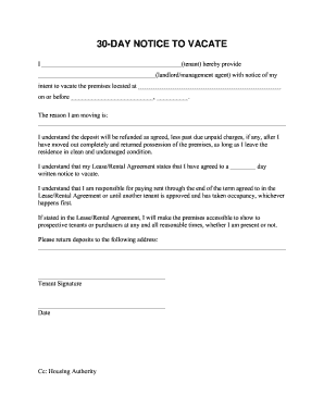 Printable 30 Day Notice To Vacate Fill Out And Sign Printable Pdf Template Signnow