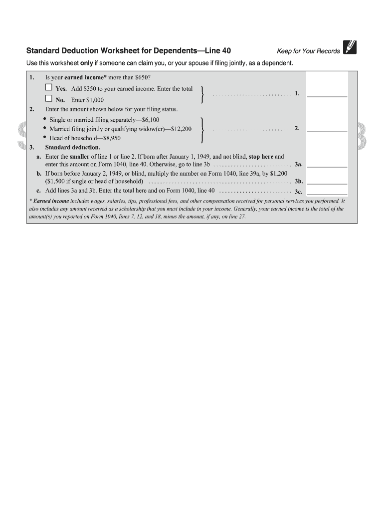 Standard Deduction Worksheet Line 40 Form