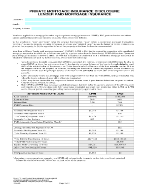 PRIVATE MORTGAGE INSURANCE DISCLOSURE LENDER PAID  Form