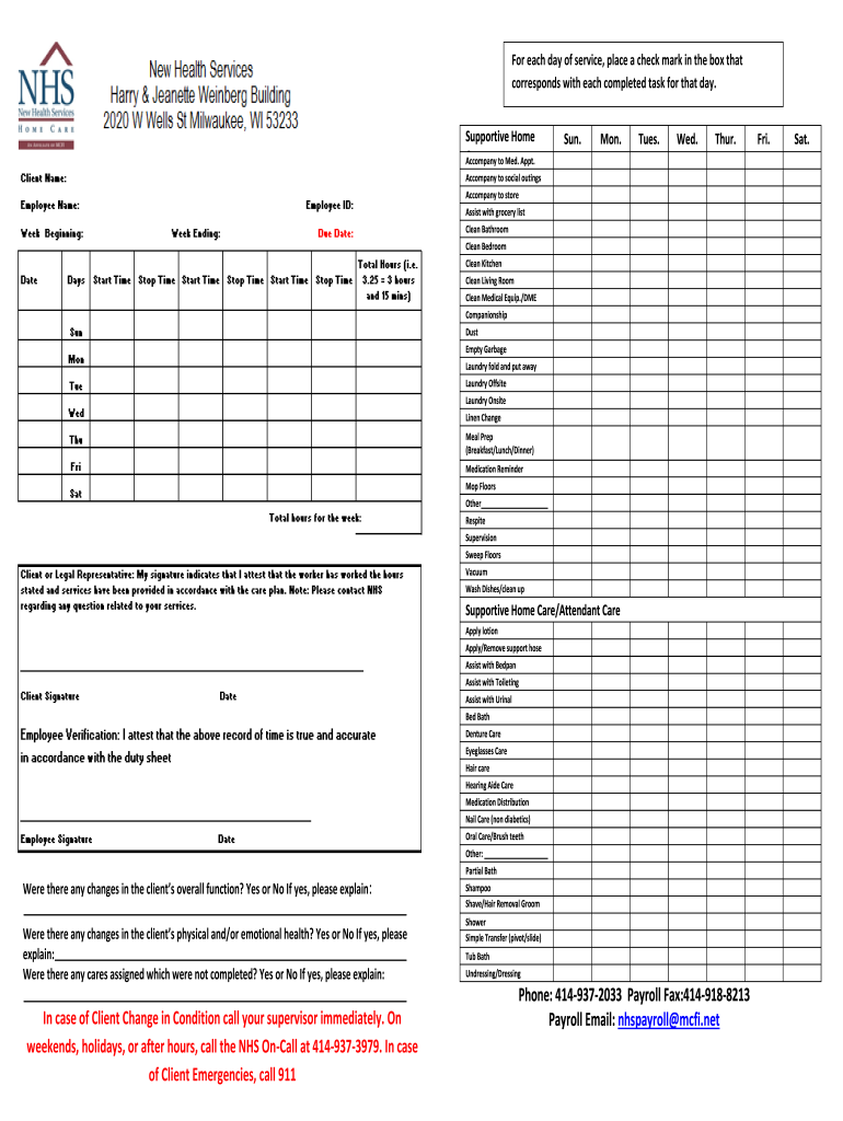 New Health Services Home Care Timesheet  Form