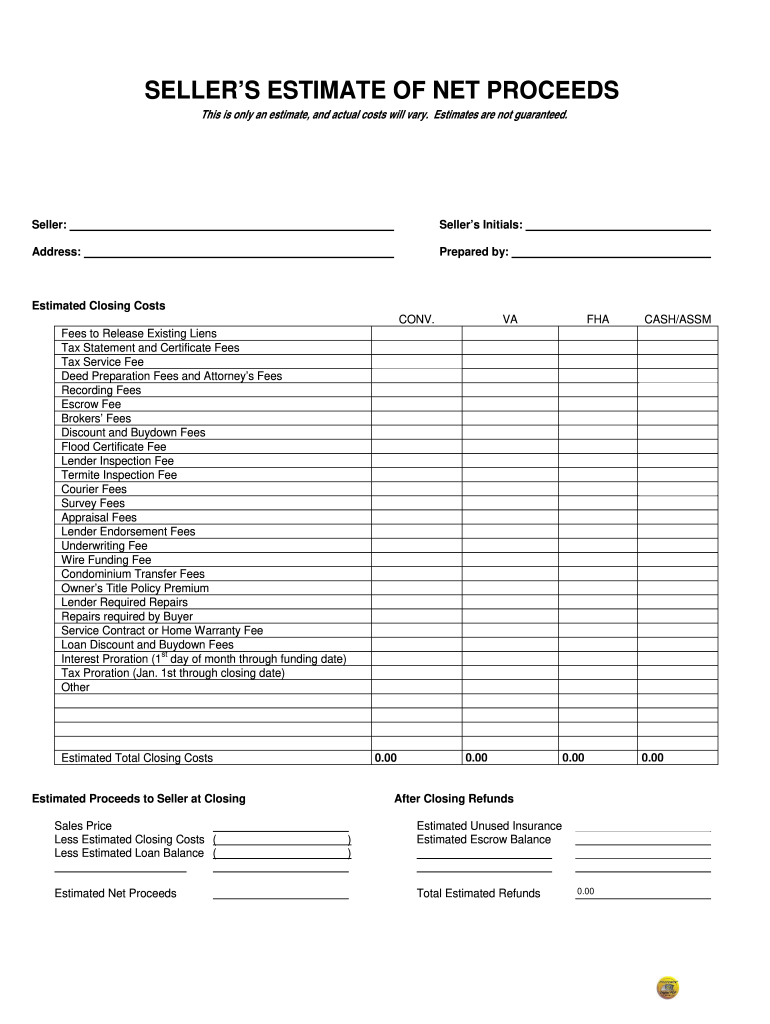 Seller's Net Proceeds Form