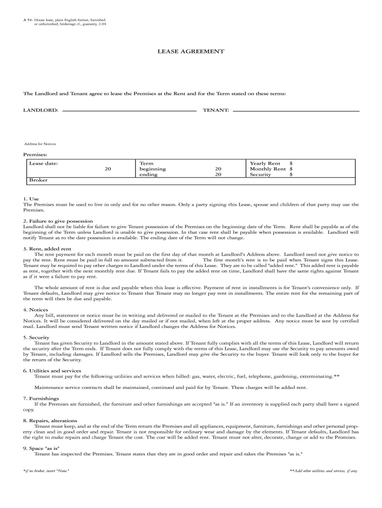  Blumberg New York Legal Forms Form 54 Plain English 4 Pages 24 Per Pkg House Lease Agreement Furnished or Unfurnished 2004-2024