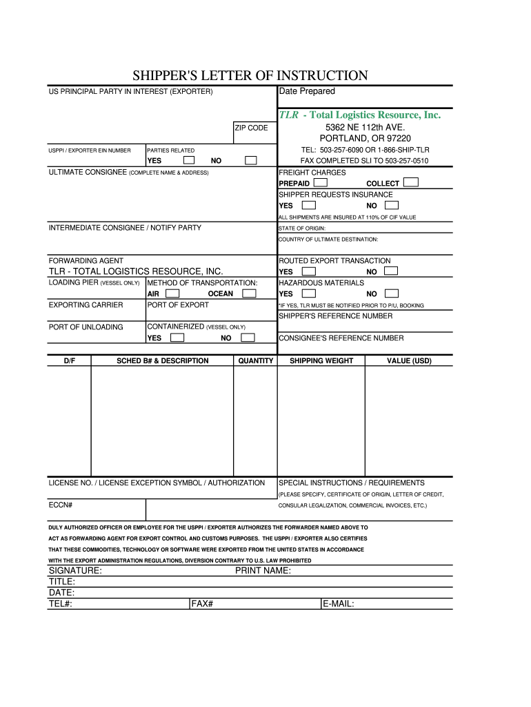 Shipper Letter of Instruction Form Fill Out and Sign Printable PDF