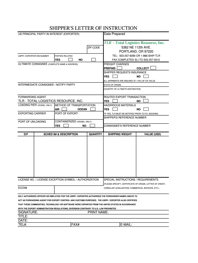 Shipper Letter of Instruction Form