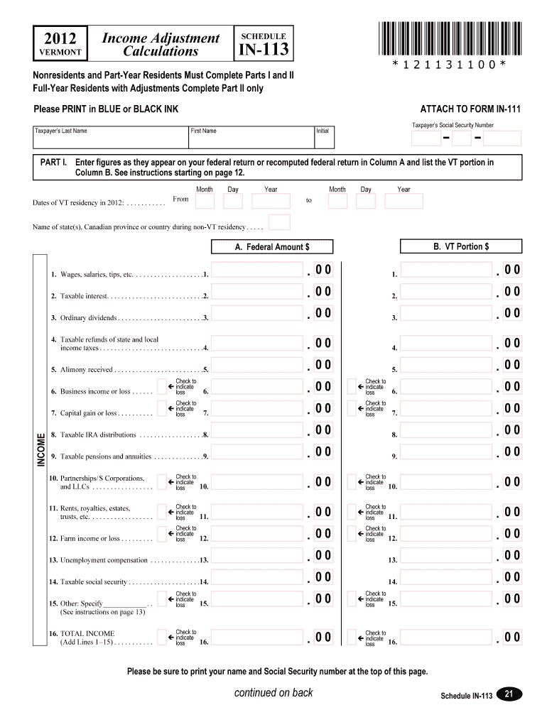  SCHEDULE in 113 Income Adjustment Vermont Department of Taxes 2020