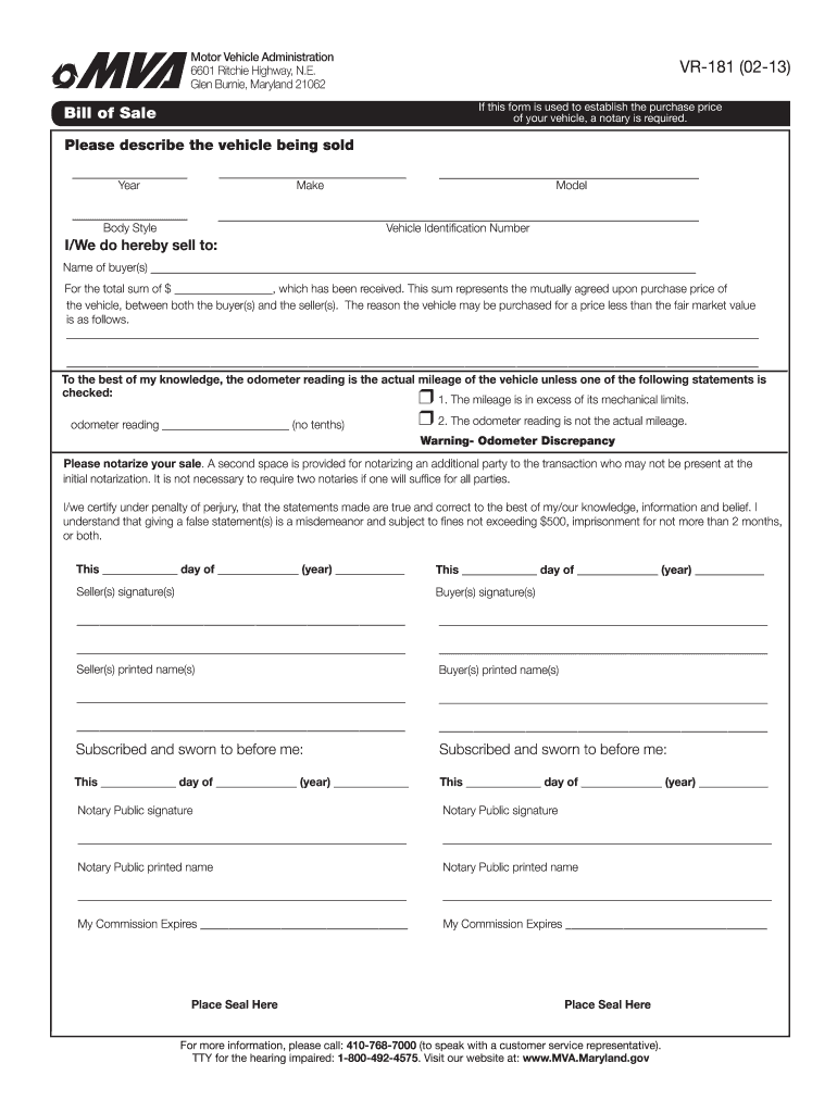 Get and Sign Mva Bill of Sale Maryland 2013-2022 Form