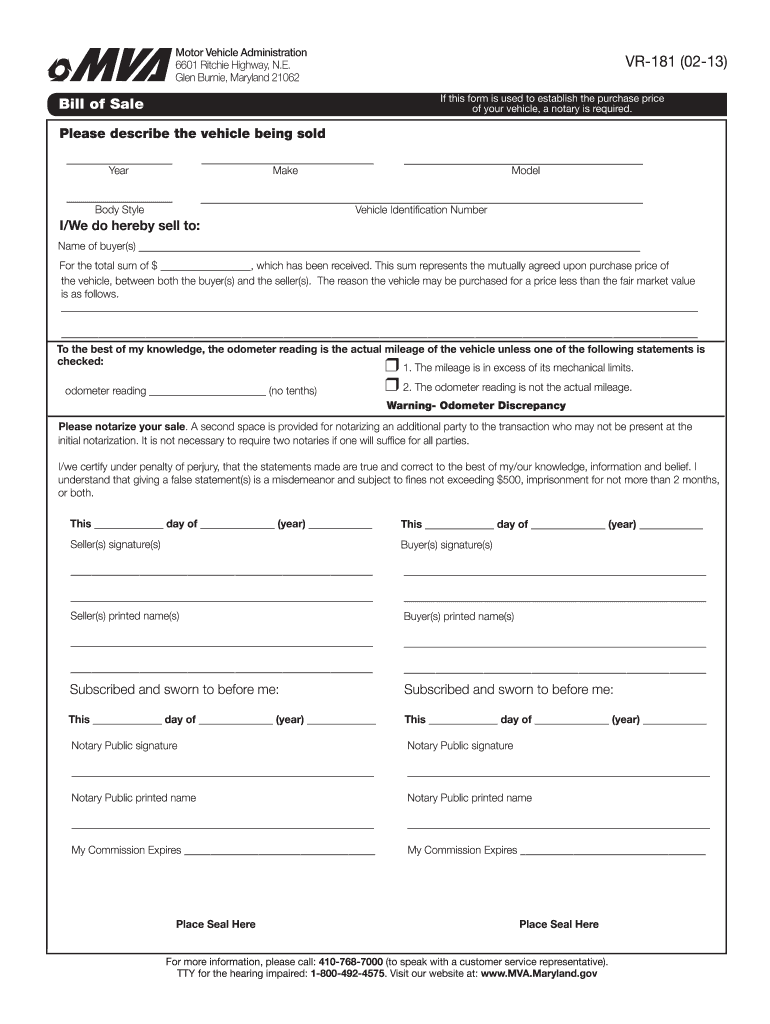 Mva Bill of Sale Maryland 2013-2023