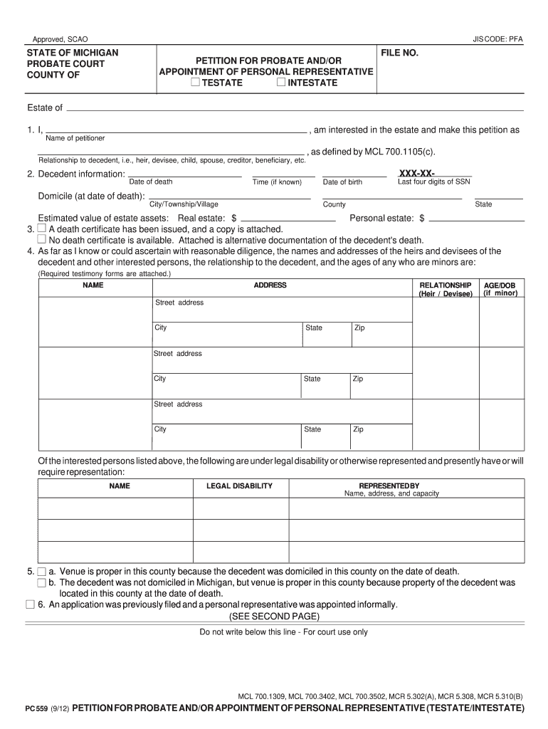 Michigan Petition Probate  Form