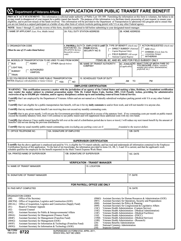  Va Form 0722 2012-2024