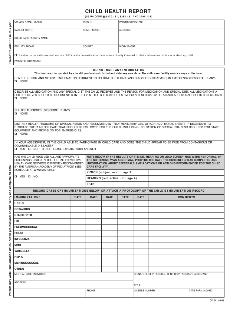 Get and Sign Child Health Report Form Pa 2008-2022