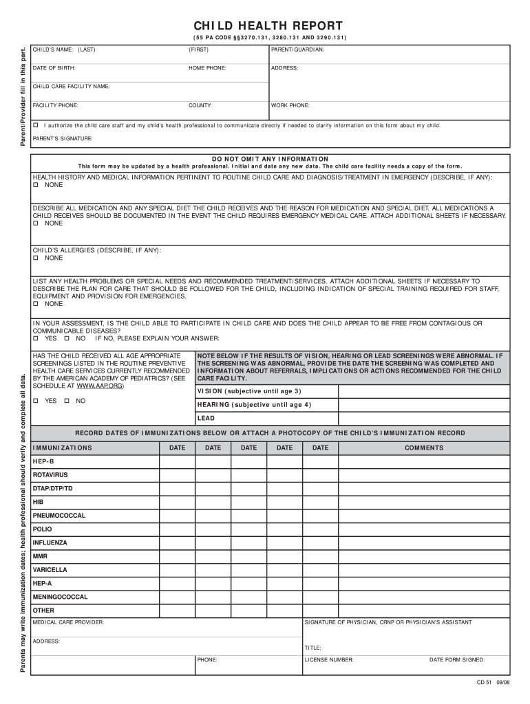  Child Health Report Form Pa 2008-2024