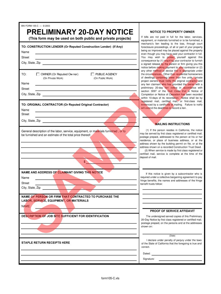 Print a 20 Day Notice Form